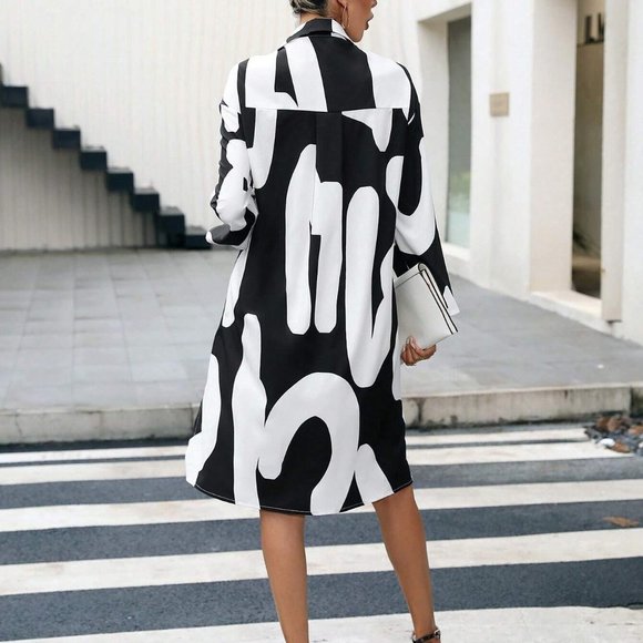 Black & White Preppy Womens Graphic Print Split Hem Shirt Dress - Picture 2 of 5